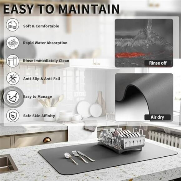 Super Absorbent Dish Drying Mat Non Slip Heat Resistant Kitchen Counter Pad Grey - Picture 4 of 7